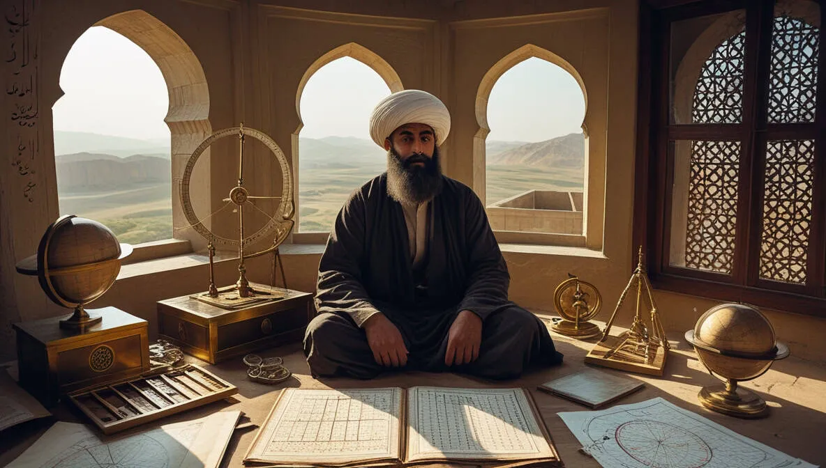 Représentation imaginaire et fictive d'Al-Biruni, savant persan du XIᵉ siècle - cette image ne représente pas le personnage historique réel