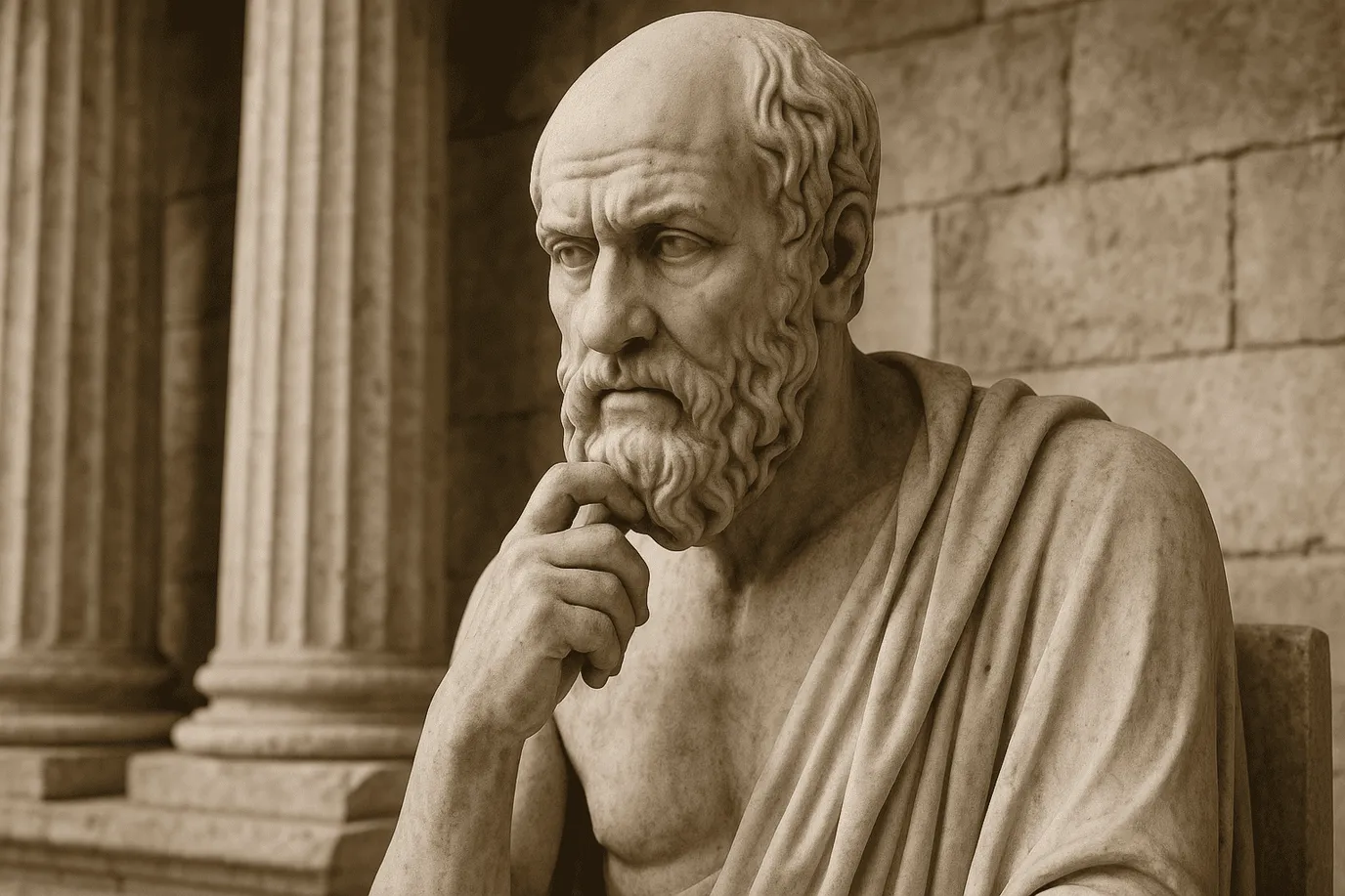 Image fictive représentant Chrysippe dans une posture de réflexion philosophique – cette illustration imaginaire ne représente pas le véritable philosophe stoïcien