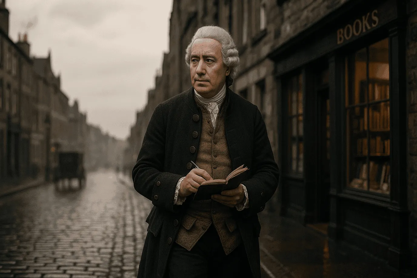 Portrait imaginaire du philosophe écossais David Hume, grand empiriste des Lumières et critique de la causalité - image fictive ne représentant pas le personnage historique réel.