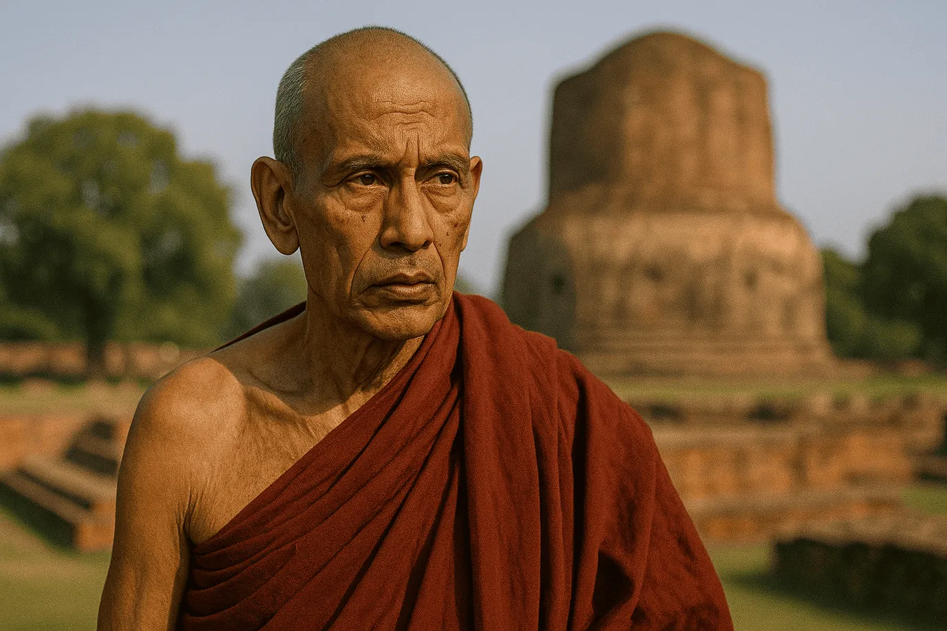 Représentation artistique fictive et imaginaire de Dignāga, philosophe bouddhiste indien du VIᵉ siècle - cette image ne prétend pas figurer le personnage historique réel