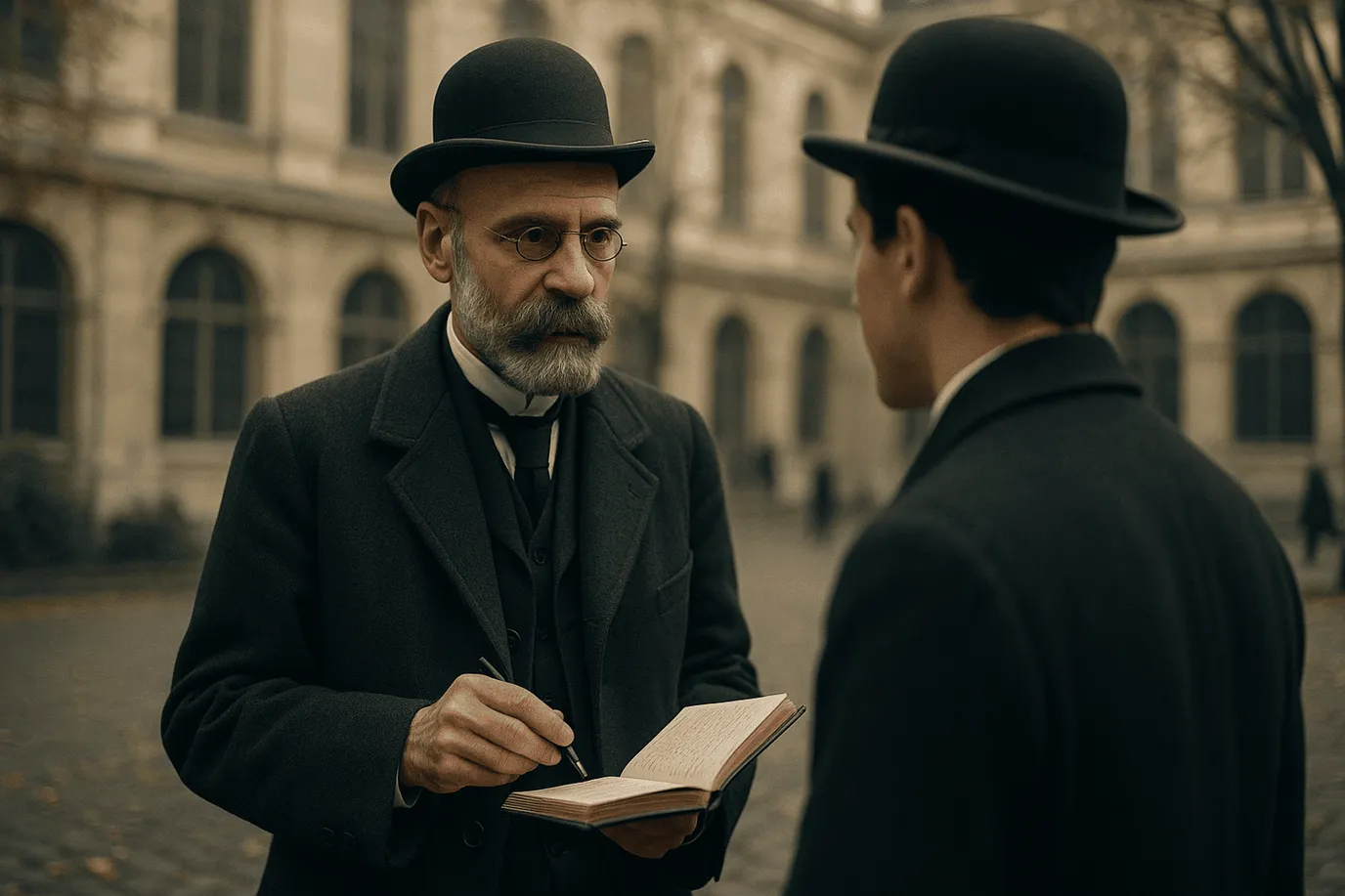 Portrait imaginaire d'Émile Durkheim, fondateur de la sociologie française et théoricien de la méthode sociologique. Cette image fictive ne représente pas le personnage historique réel.