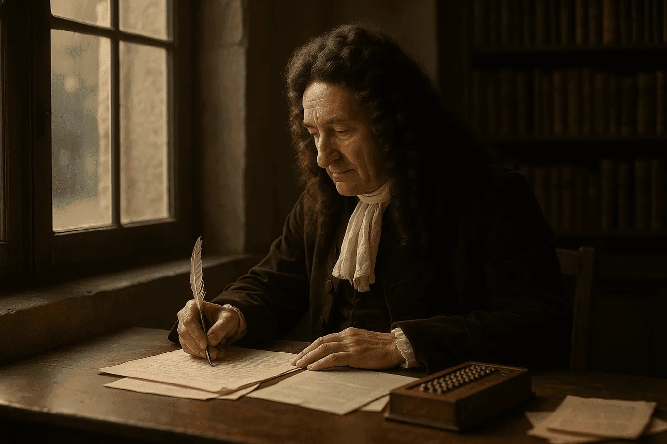 Portrait imaginaire du philosophe et mathématicien Gottfried Wilhelm Leibniz, penseur de l'harmonie préétablie et génie universel du XVIIᵉ siècle - image fictive ne représentant pas le personnage historique réel.