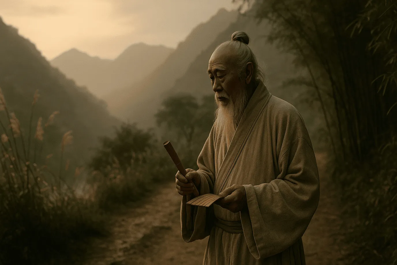 Portrait imaginaire de Lao Tseu, sage chinois légendaire et fondateur présumé du taoïsme - image fictive ne représentant pas le personnage réel