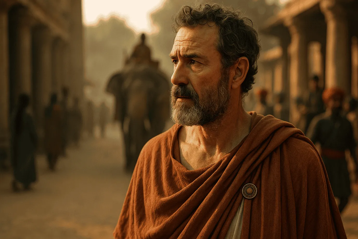 Image imaginaire de Mégasthène, historien grec de l'Antiquité ; cette représentation est fictive et ne correspond pas au personnage historique réel