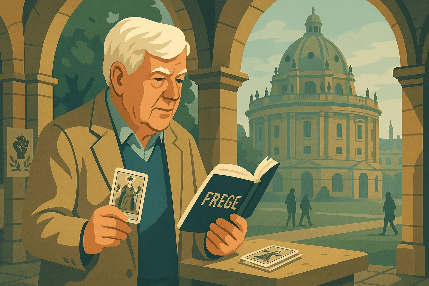 Portrait imaginaire de Michael Dummett, philosophe britannique du XXe siècle - cette représentation fictive ne correspond pas à l'apparence réelle du penseur