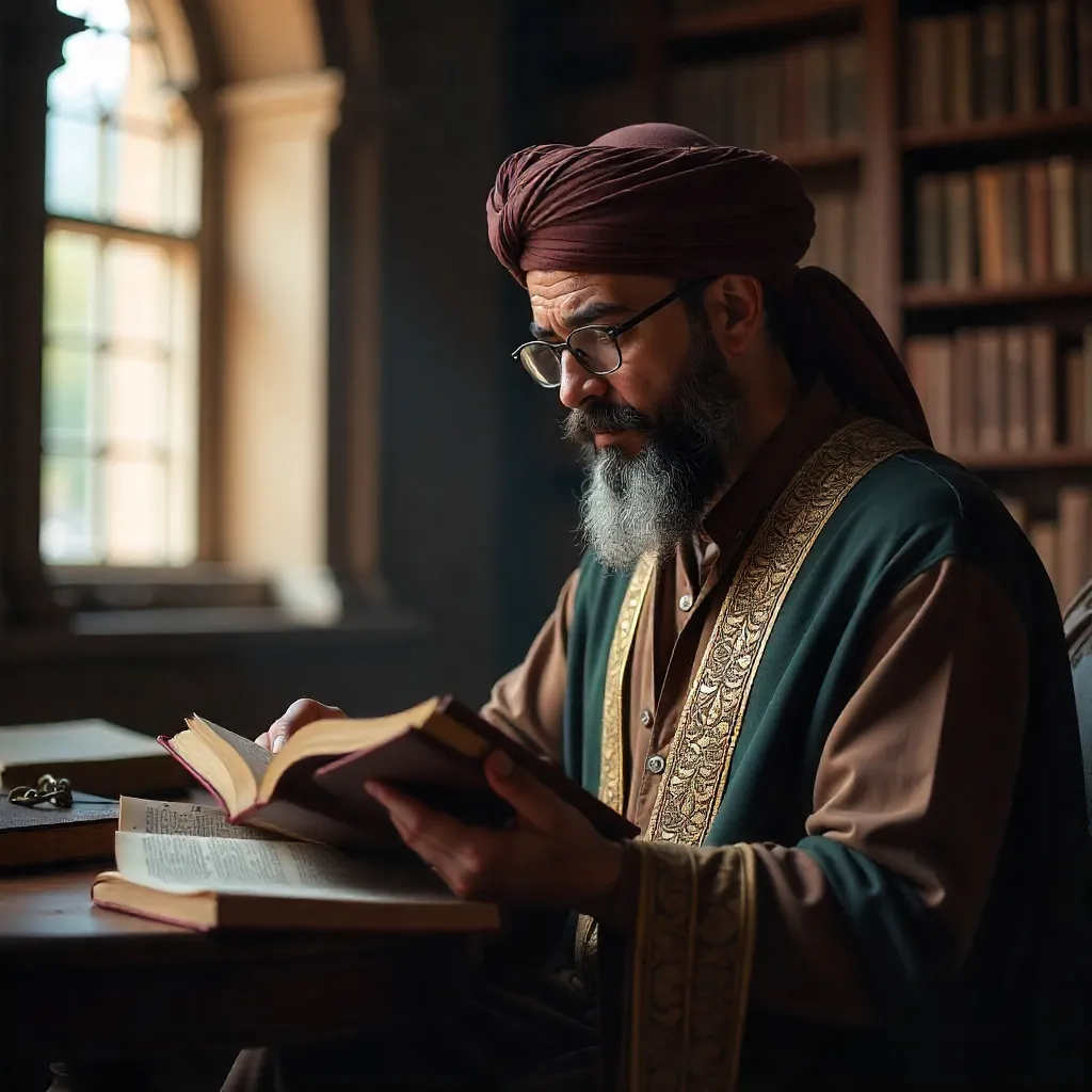Portrait imaginaire du philosophe et rabbin Moïse Maïmonide, grand maître de la pensée juive médiévale et synthèse entre aristotélisme et judaïsme - image fictive ne représentant pas le personnage historique réel.