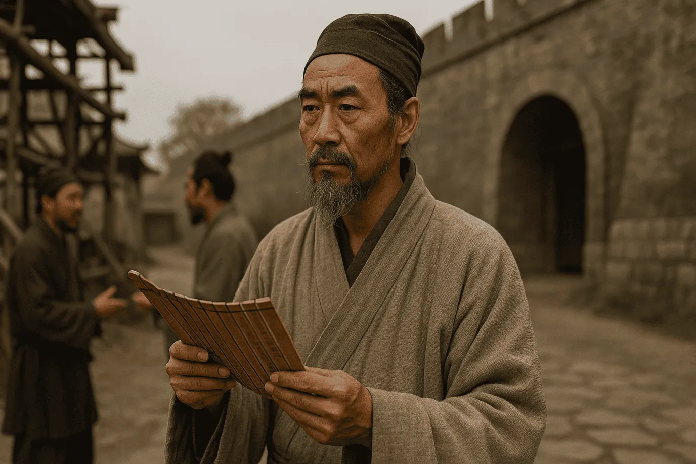 Image fictive et imaginaire de Mozi, philosophe chinois de l'Antiquité. Cette représentation artistique ne prétend pas reproduire l'apparence réelle du personnage historique.