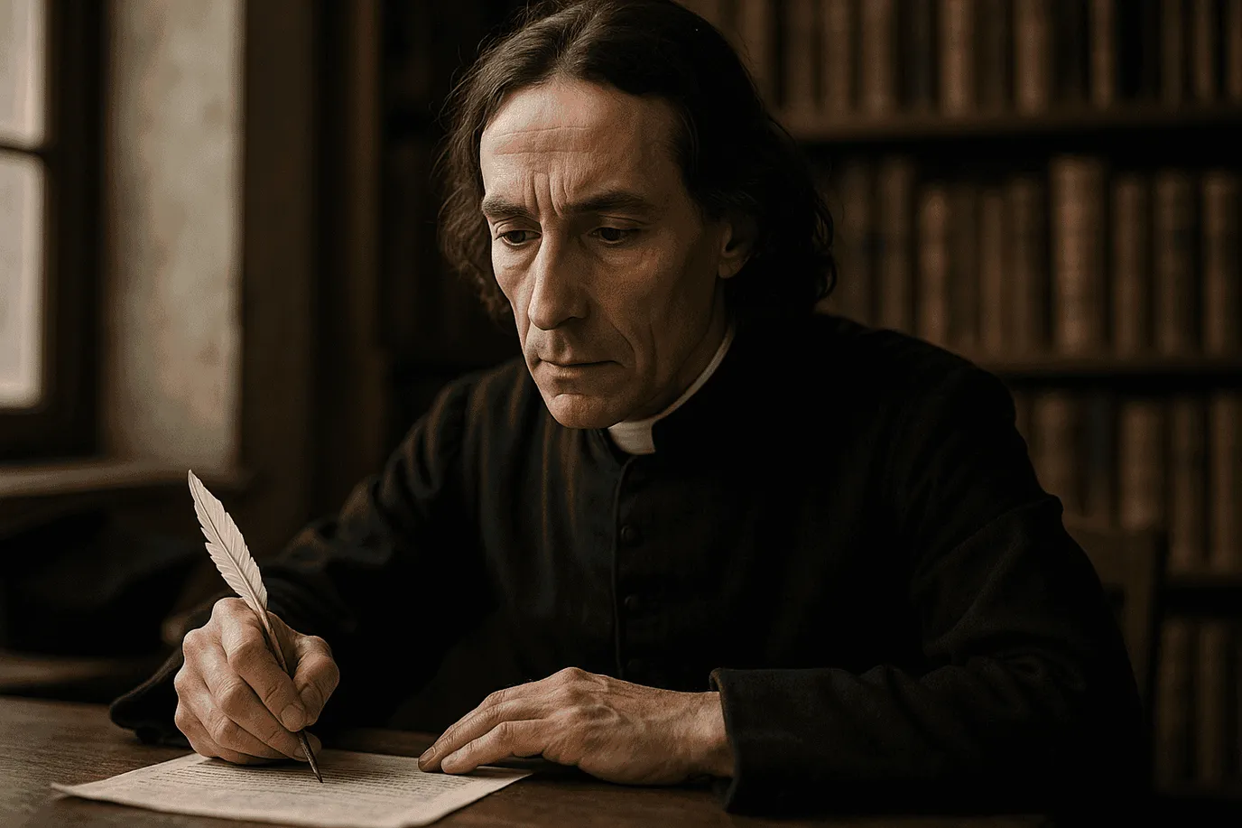 Portrait imaginaire du philosophe français Nicolas Malebranche, représentation artistique fictive qui ne correspond pas au personnage historique réel, illustrant un article sur sa philosophie occasionaliste et sa doctrine de la vision en Dieu.
