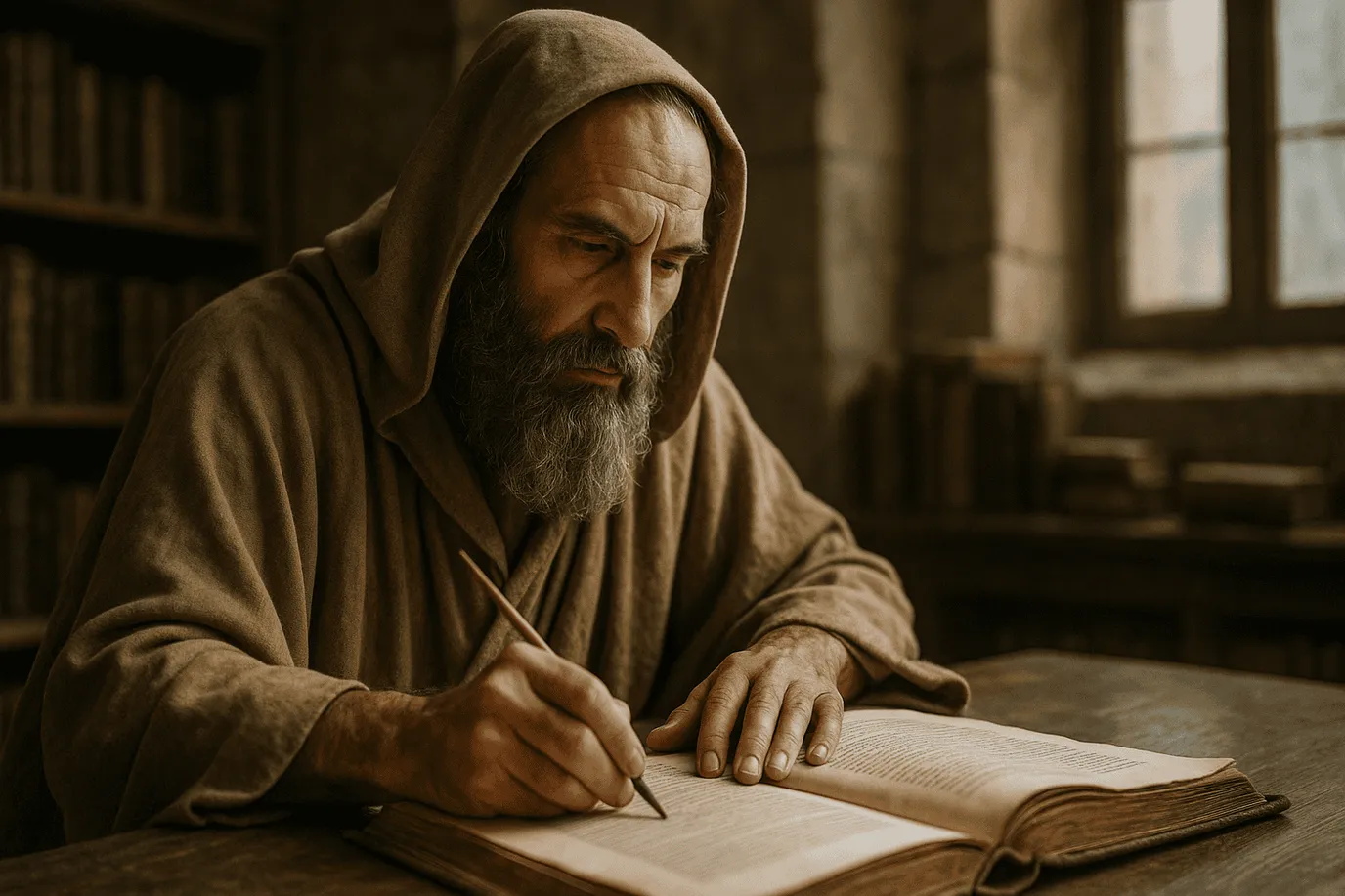 Représentation imaginaire de Simplicius de Cilicie, philosophe néoplatonicien du VIᵉ siècle. Cette image fictive ne représente pas le personnage historique réel.