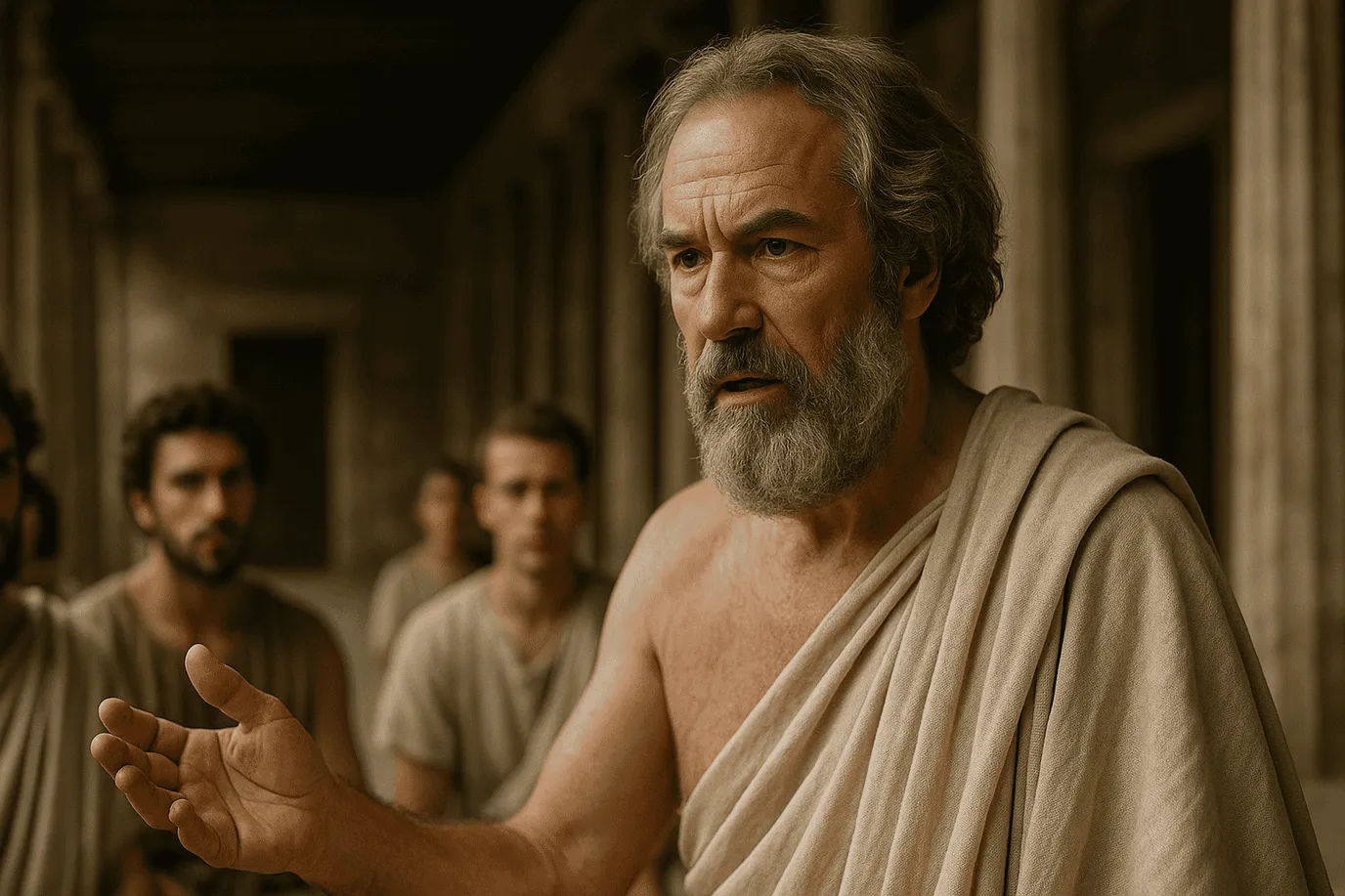 Représentation imaginaire et fictive de Stilpon de Mégare, philosophe grec de l'école mégarique ; cette image ne représente pas le personnage historique réel.