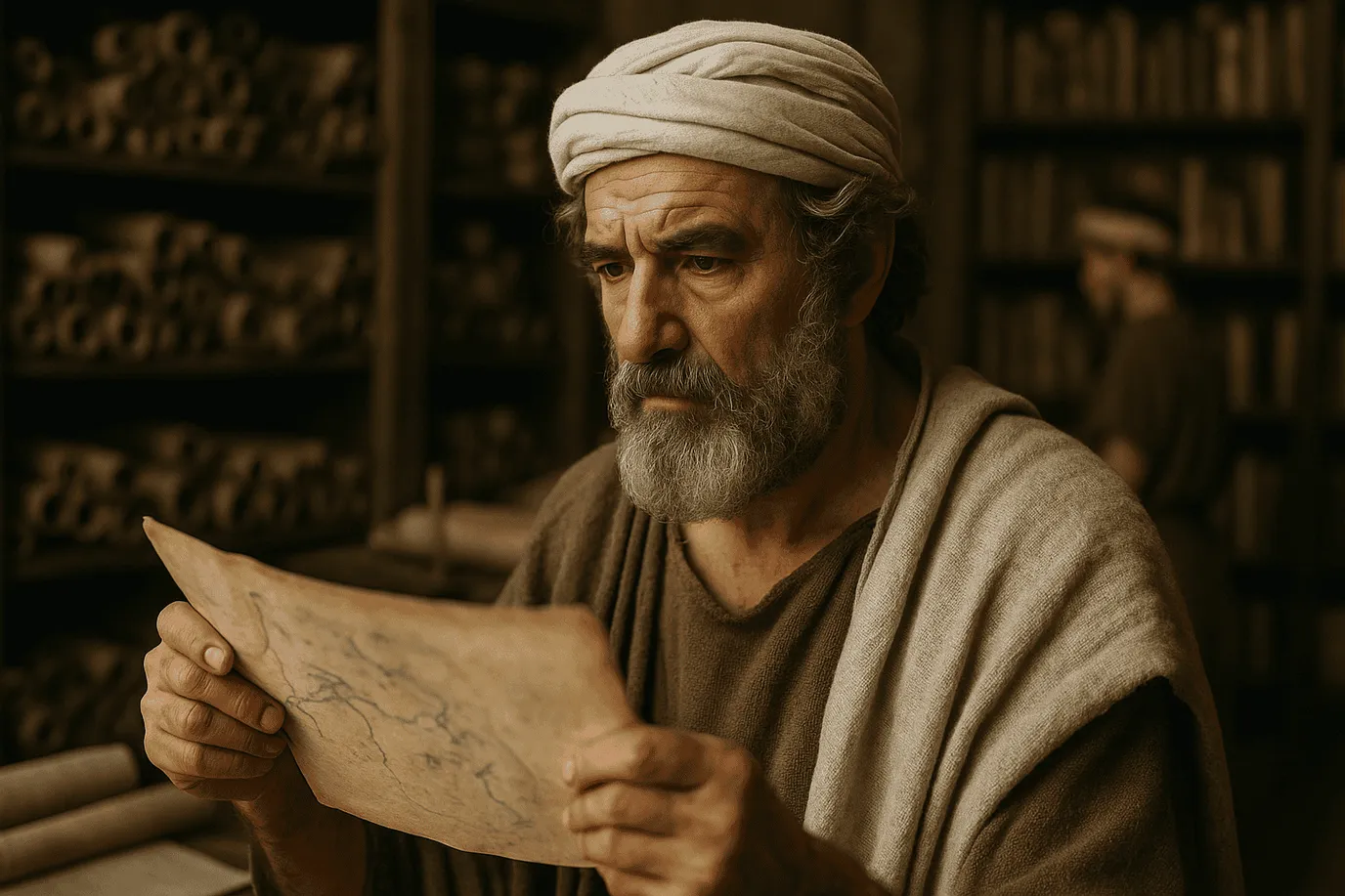 Image fictive représentant Strabon, géographe et historien grec du tournant de l'ère chrétienne, qui ne correspond pas au personnage historique réel