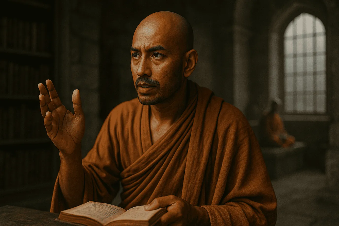 Représentation imaginaire et fictive de Vasubandhu, philosophe bouddhiste indien du IVe-Ve siècle, ne représentant pas le personnage historique réel