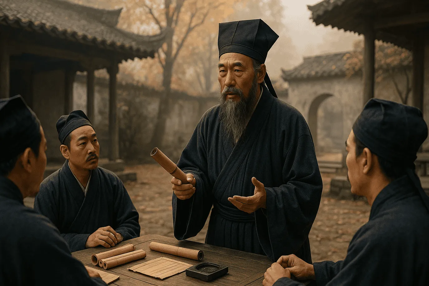 Image fictive et imaginaire de Zhu Xi, philosophe néoconfucéen chinois du XIIᵉ siècle, ne représentant pas le personnage historique réel.