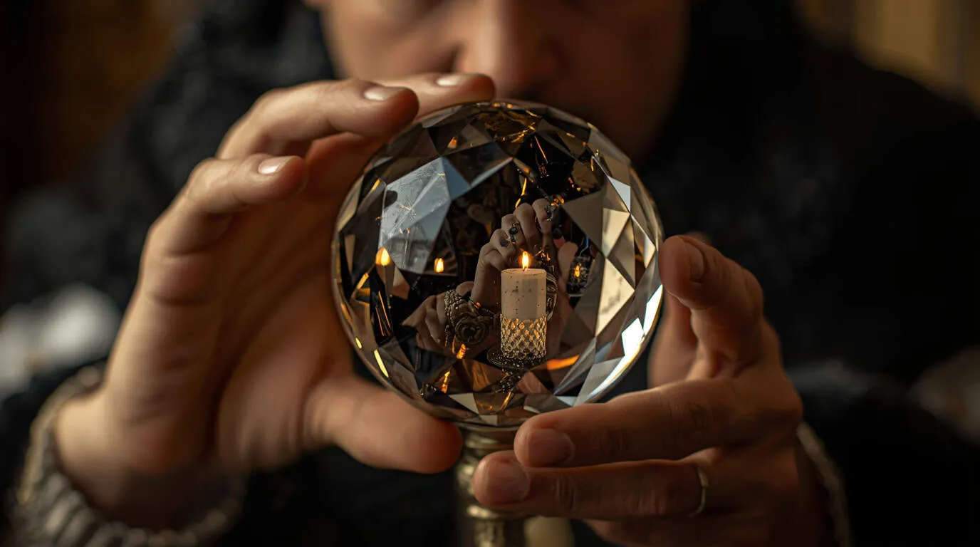 Un homme tient une sphère de cristal à plusieurs facettes