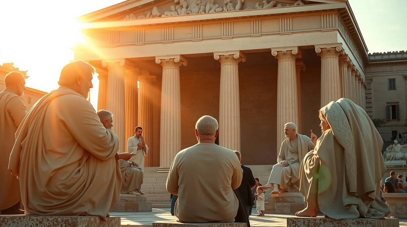 Philosophes.org, rassemblement de penseurs antiques discutant de philosophie en plein air devant un temple grec, symbolisant la réflexion et la pensée critique dans la tradition philosophique.