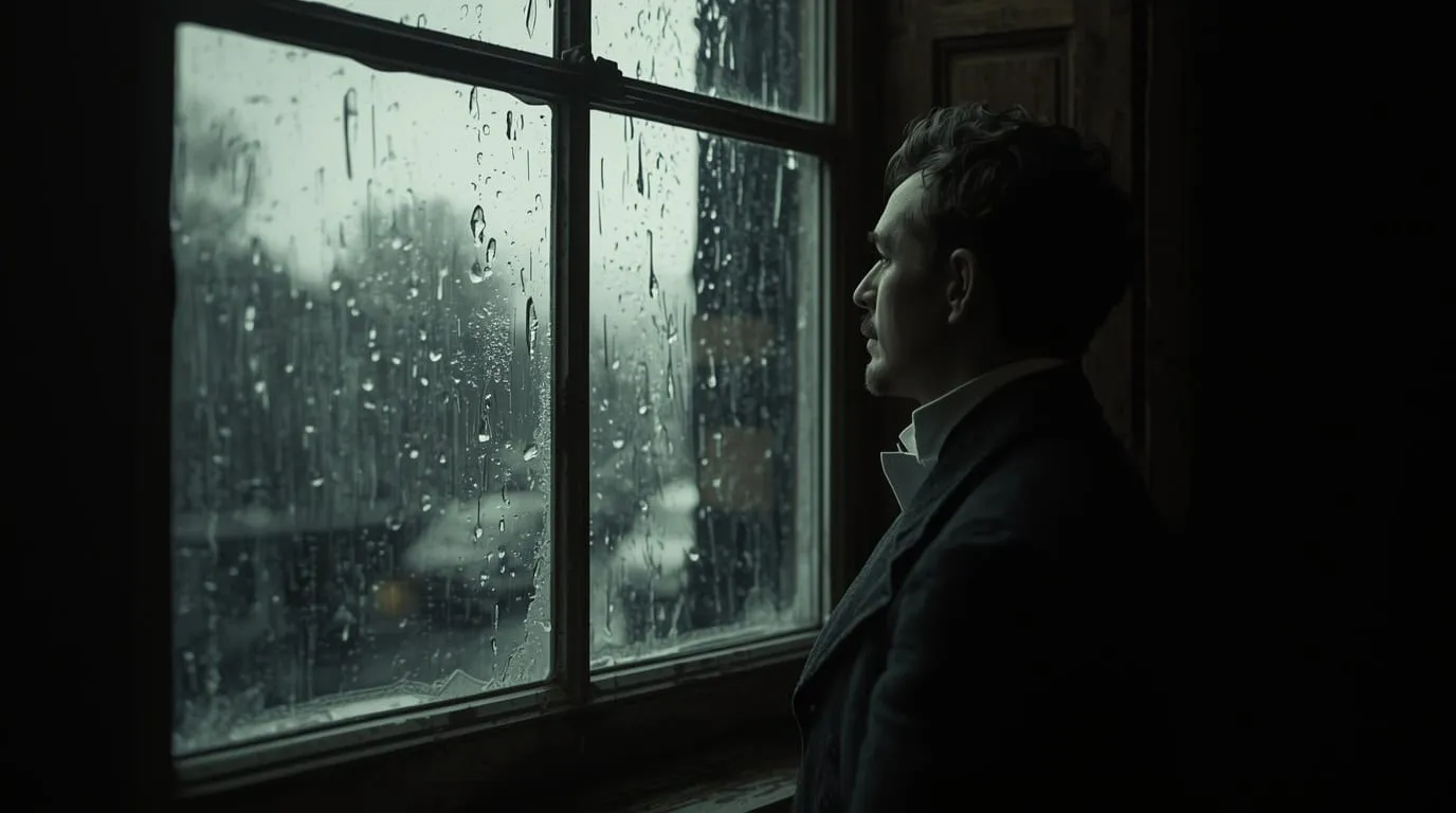 Homme solitaire du XIXe siècle regardant la pluie incessante à travers la fenêtre,