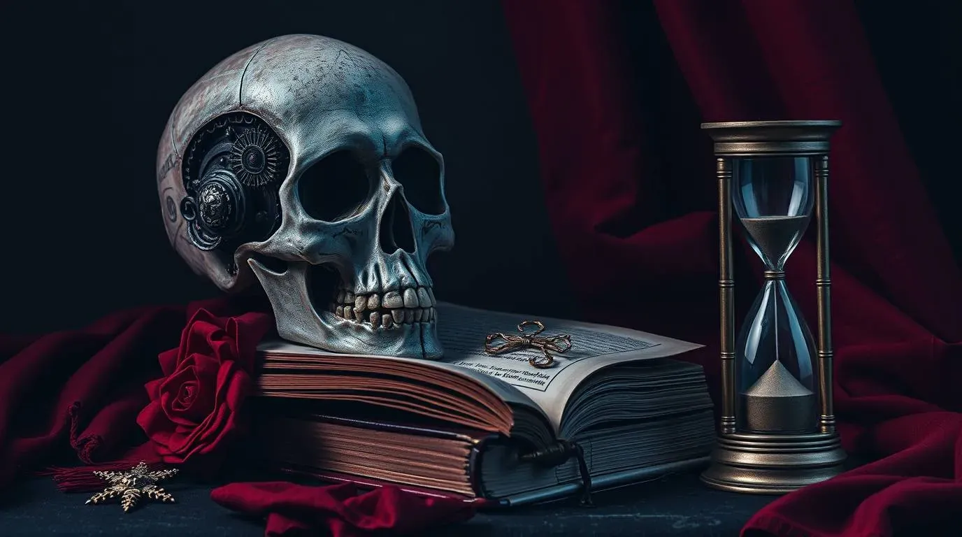 Crâne, livre, sablier, roses, mystère