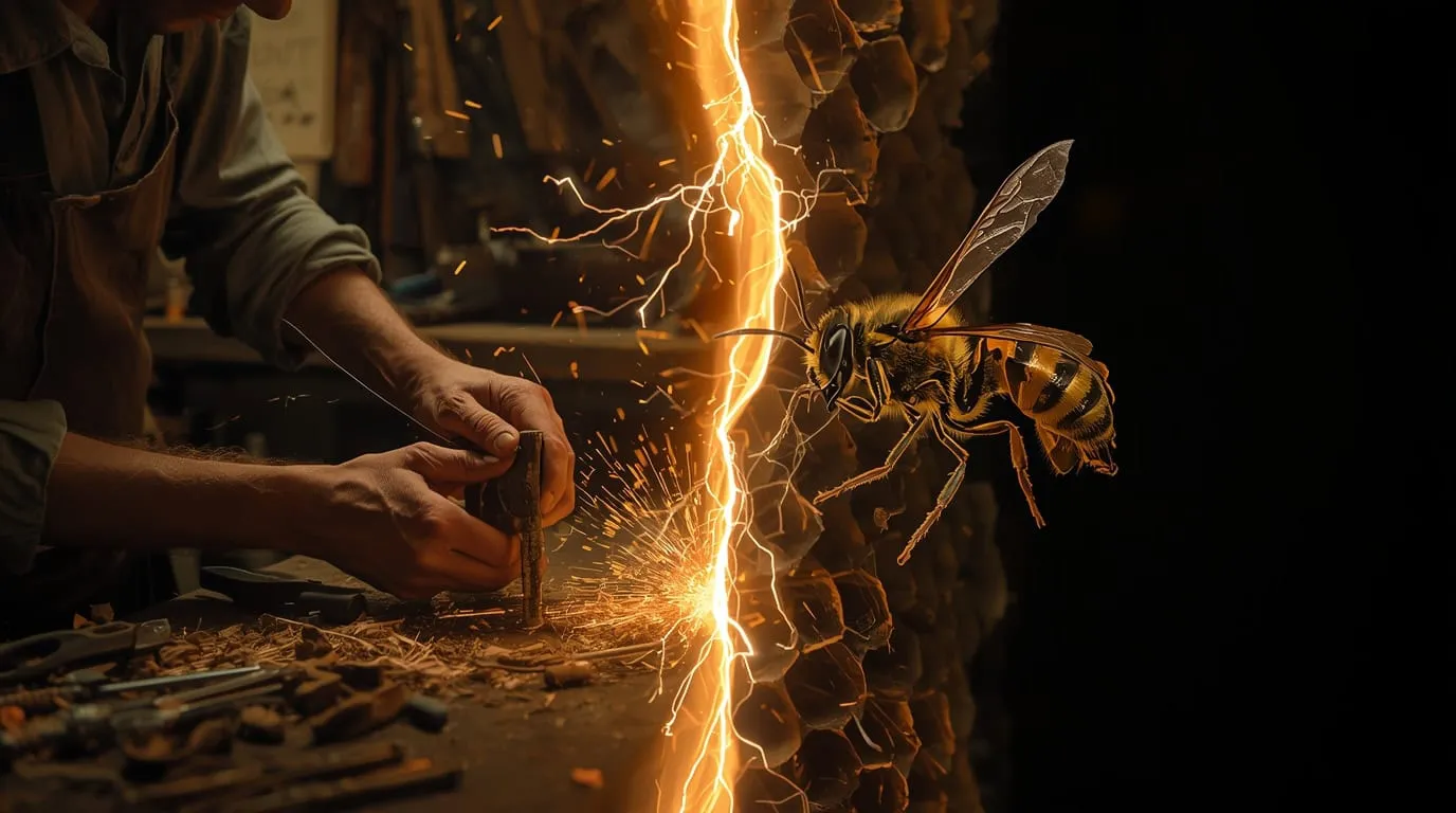 Un homme et une abeille travaillant chacun sur son oeuvre