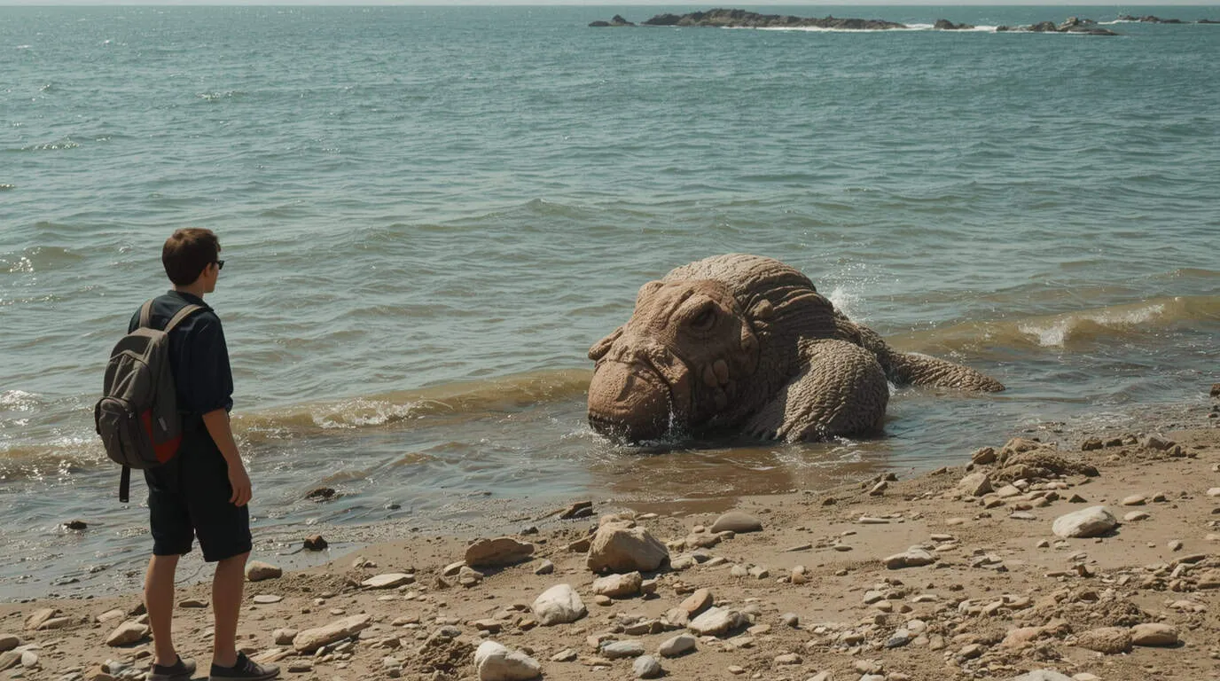 Un homme sur le rivage se tient devant un organisme marin qui sort de l'eau