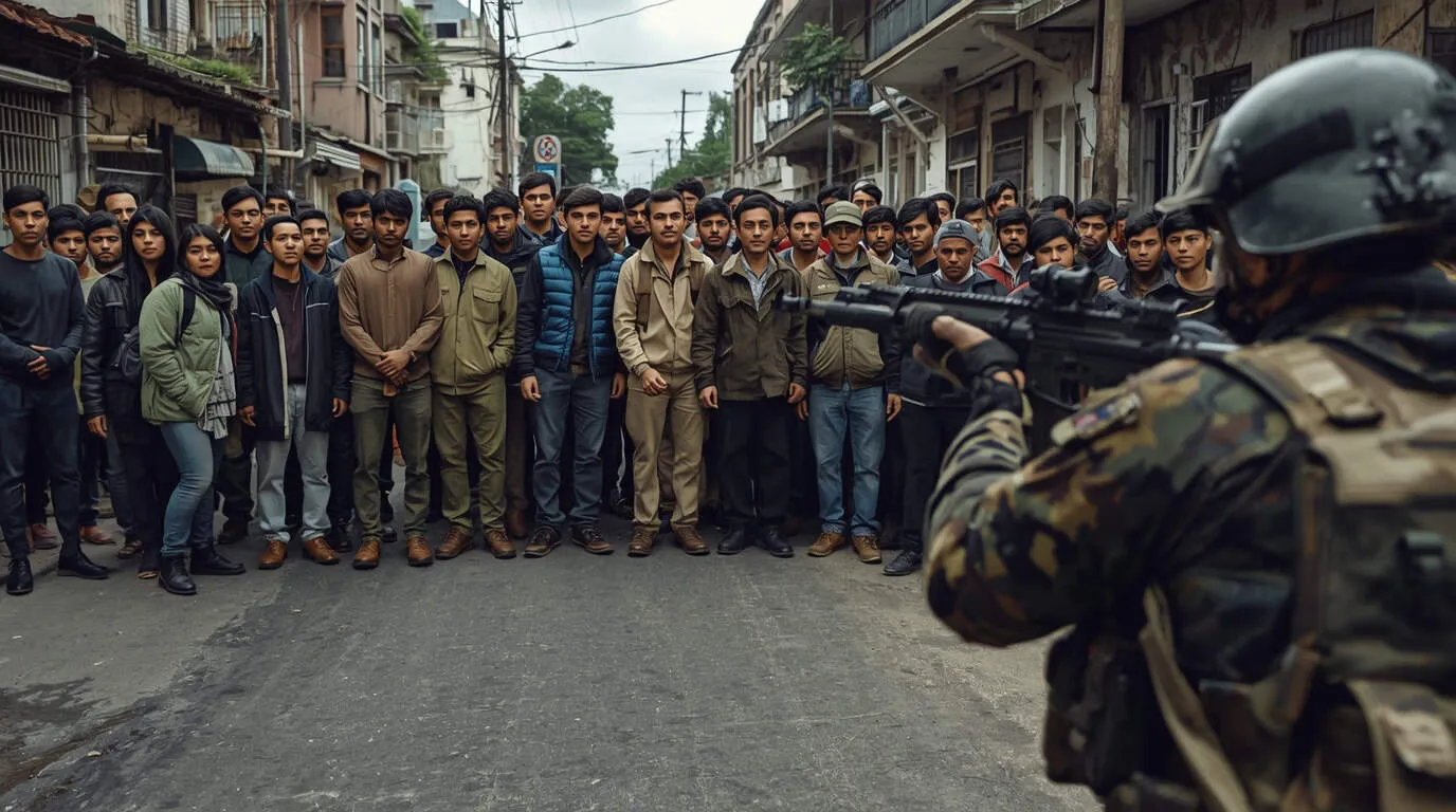 Un militaire armé face à une foule