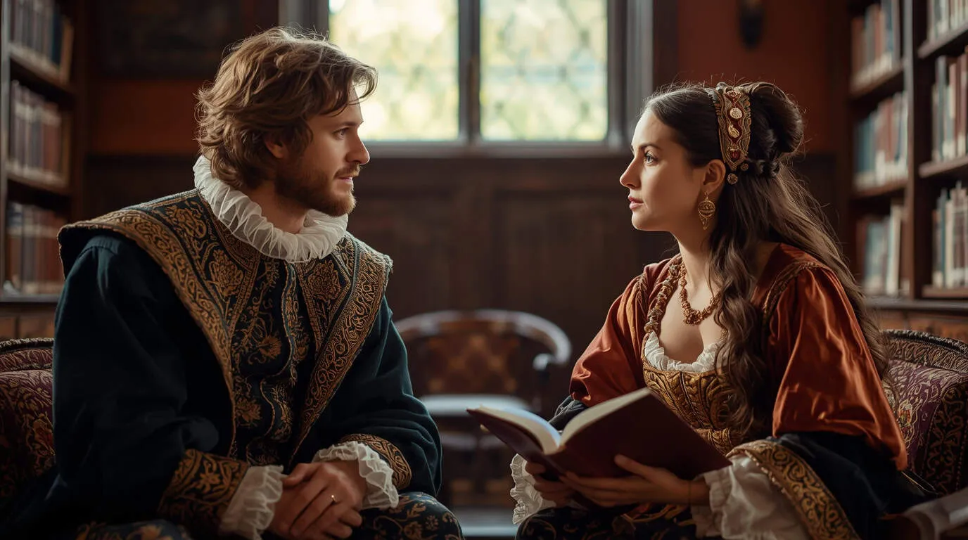 Un couple Renaissance dans une bibliothèque