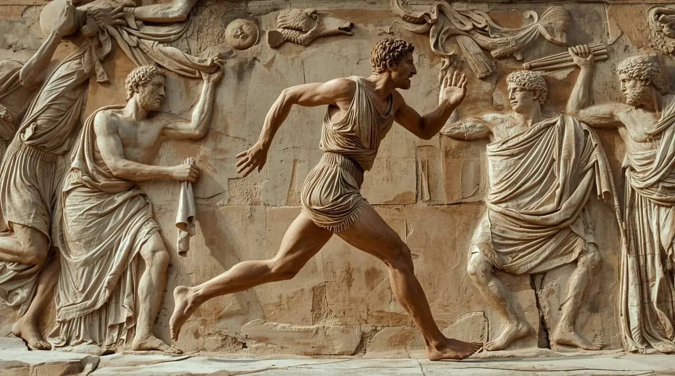 Un homme court au milieu de statues immobiles